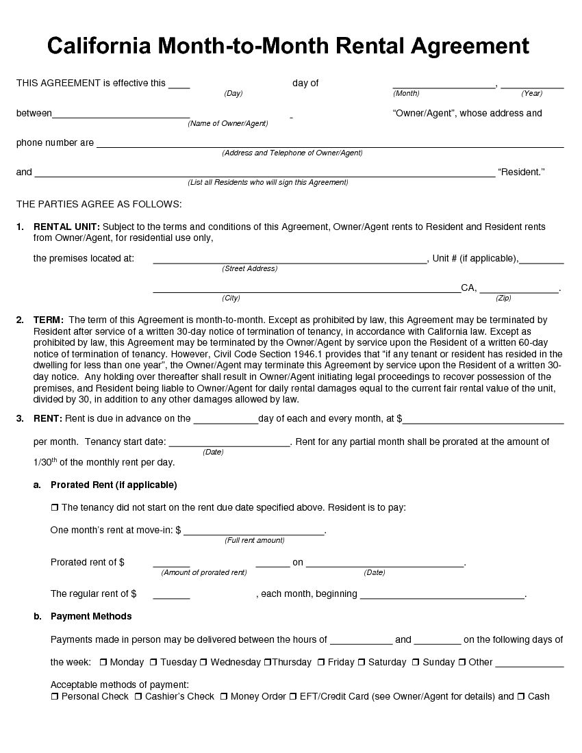 California Month To Month Rental Agreement Blank Forms Printable