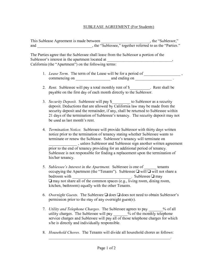 California Student Sublease Agreement