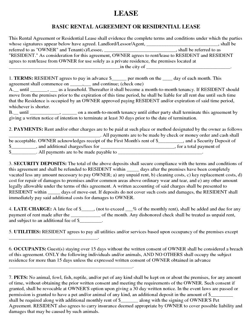 Free Basic Rental Agreement or Residential Lease  PDF  DOCX Inside free printable residential lease agreement template