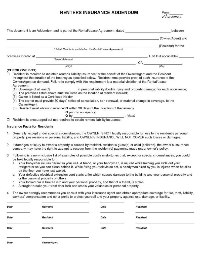 California Renters Insurance - Addendum to Lease Agreement