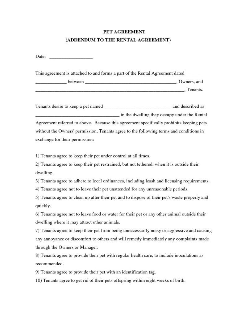 Pet Agreement - Addendum to Lease Agreement