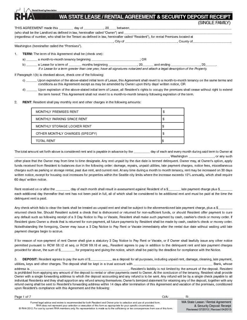 Washington Month to Month Rental Lease Agreement