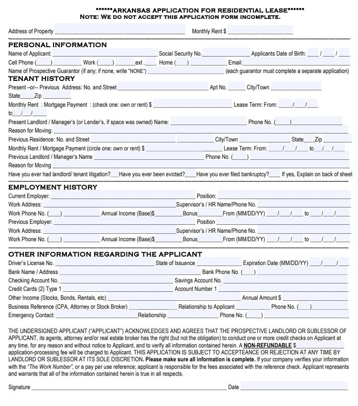 Free Arkansas Rental Application Form Pdf Docx 5389