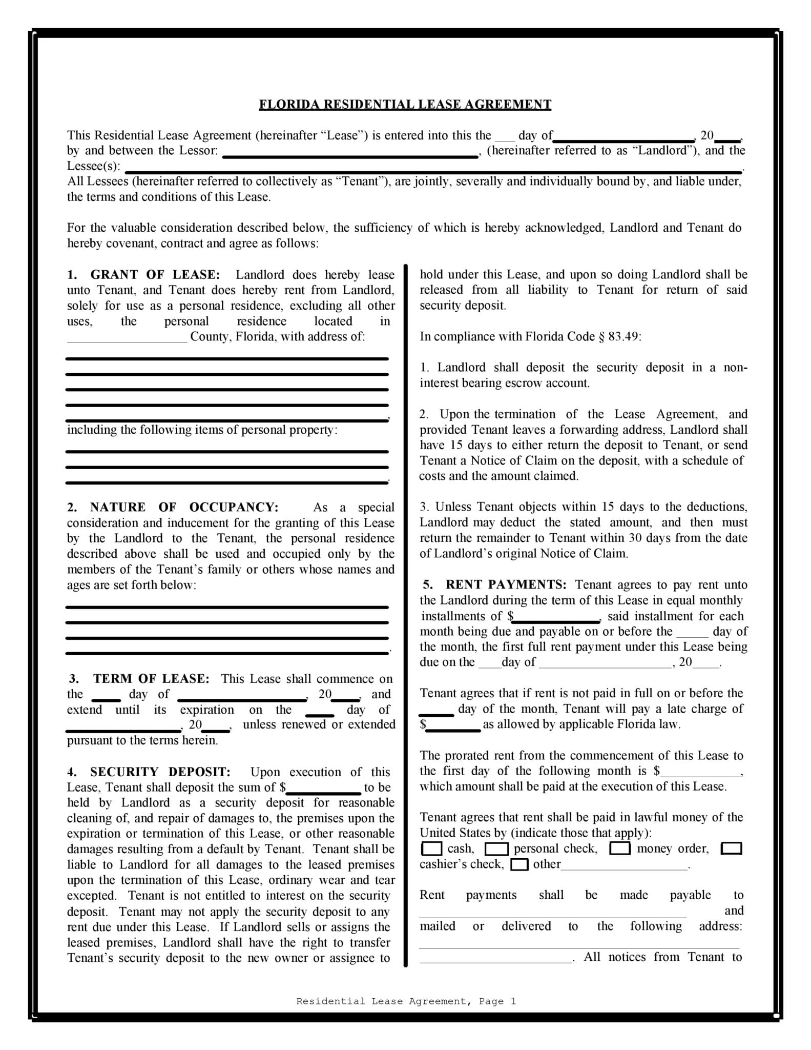 Free Florida Residential Lease Agreement PDF DOCX