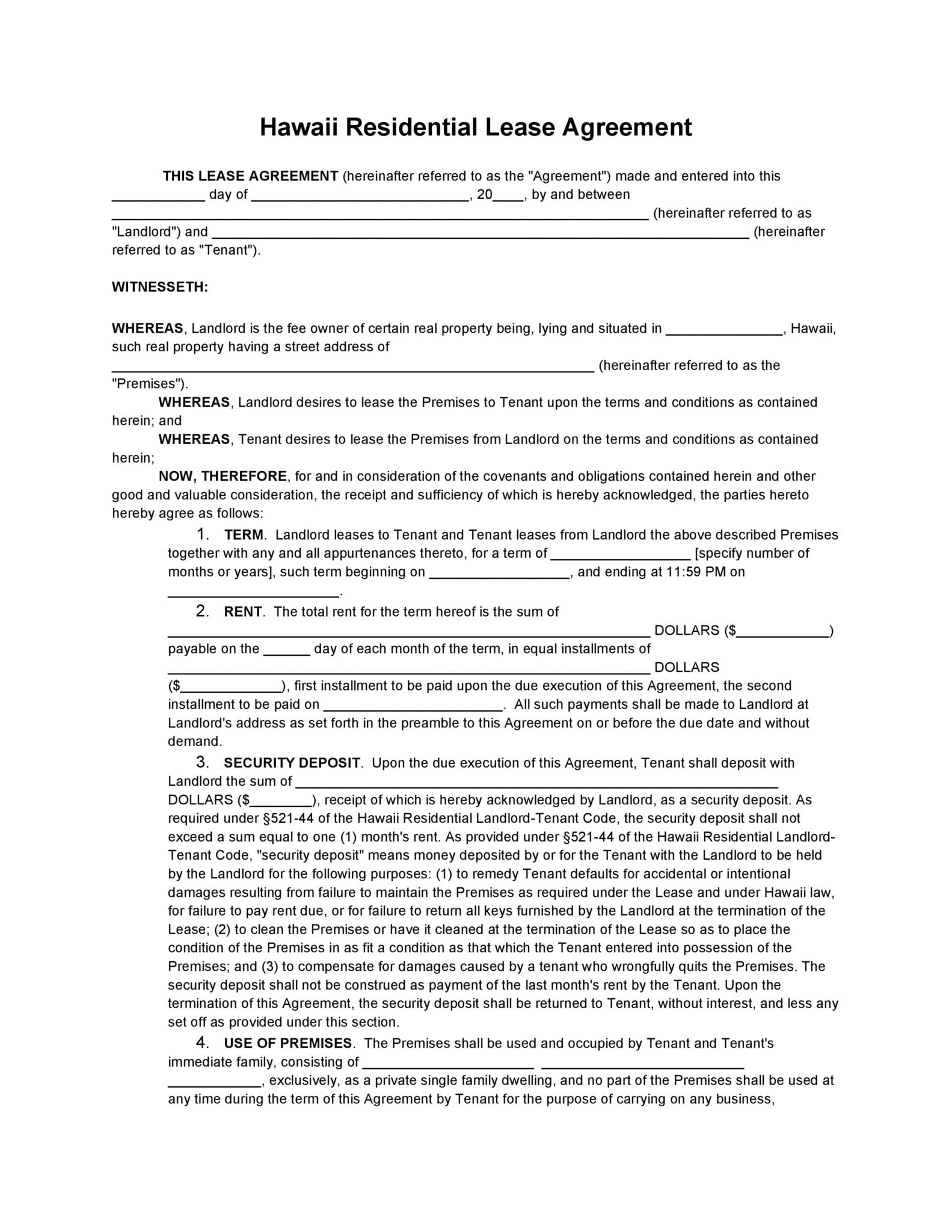Free Hawaii Residential Lease Agreement PDF DOCX