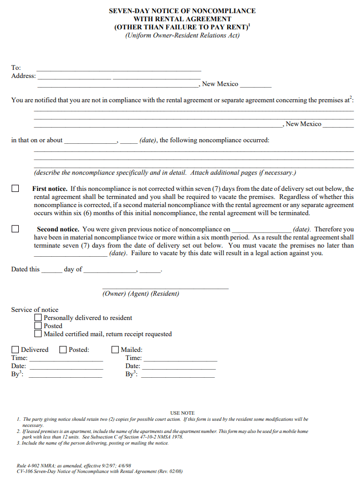 Free New Mexico 7 Day Notice of Non-Compliance Form | PDF | DOCX